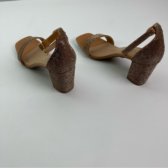 Gold Strappy Sparkly Jewel Open Toe Square Heel Shoes - Picture 11 of 11